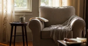Tom fåtölj med filt vid fönster i eftermiddagsljus, symboliserar vila och reflektion